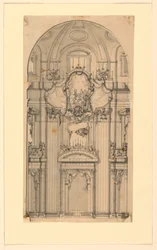 Verhoging van een wanddecoratie voor een heiligverklaringsceremonie, Sint-Pieter, Rome, Italië