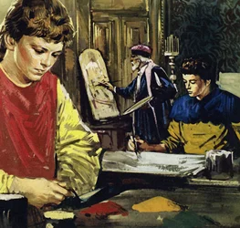 Jan en zijn broer Herbert Van Eyck gingen in de leer bij een plaatselijke schilder (kleurenlitho)