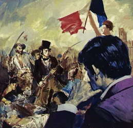 De Franse Revolutie inspireerde Eugene Delacroix tot het schilderen van de Vrijheid die het Franse volk leidt (kleurenlitho)