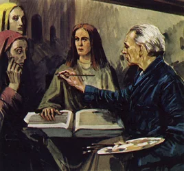 Van Meegeren kon bewijzen dat hij de schilderijen had vervalst (kleurenlitho)