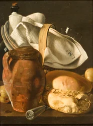 Stilleven met brood, een kruik en een servet, na circa 1830