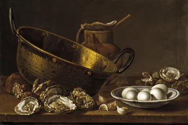 Stilleven met oesters, knoflook en eieren
