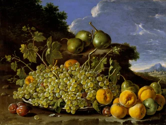 Stilleven met een bord druiven, perziken, peren en pruimen in een landschap, ca. 1771