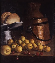 Stilleven met vruchten en kookgerei