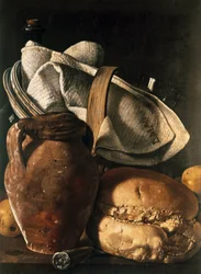 Stilleven met theedoek, kruik en brood