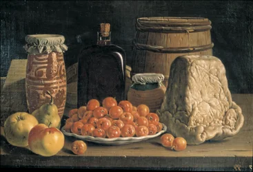Stilleven met fruit en kaas