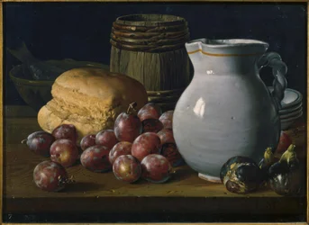 Stilleven met pruimen, vijgen, brood, vaten, kan en andere vaten