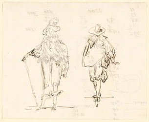 Twee figuren, de een gekleed in Franse Lodewijk XIII-stijl en de ander in Spaanse Zeventiende-eeuwse stijl