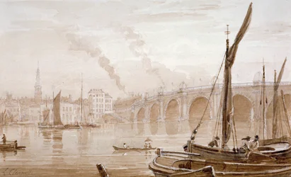 Uitzicht op Blackfriars Bridge vanaf de Surrey-oever, met boten op de voorgrond, Londen, ca. 1825