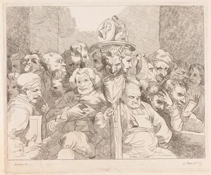 Literaire personages verzameld rond het medaillon van Shakespeare