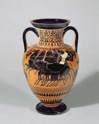 Attische zwartfigurige amfoor die een wagen met wielen afbeeldt, 520-500 v.Chr.