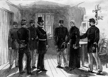 Deportatie van de Jezuïeten uit de Rue de Sèvres in Parijs na de decreten van maart 1880 uitgevaardigd door Jules Ferry en het verwijderen van het recht om les te geven aan leden van niet-erkende religieuze congregaties: een Jezuïetenpater gearresteerd in 