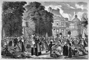 Uitzicht op de Luxemburgse Tuin in Parijs. Gravure naar een tekening van M. Pietsch in 