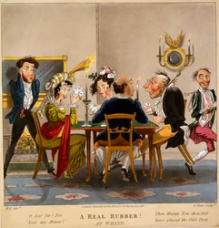 Een echte rubber! Bij whist, prent gemaakt door George Hunt, 1827