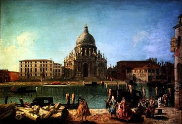 S. Maria della Salute vanaf de Rio de San Moise, Venetië, met adel en gondeliers op de voorgrond