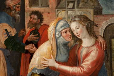 Aanbidding der Wijzen, drieluik, linker paneel: Het leven van de Heilige Maagd, detail