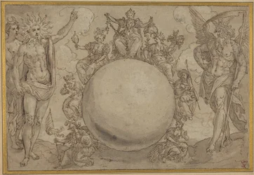 Apollo, Diana, en Tijd met de cyclische wisselvalligheden van het menselijk leven, ca. 1561 (pen en bruine inkt met grijs gewassen over sporen van grafiet, geïnciseerd voor overdracht op geschept papier)