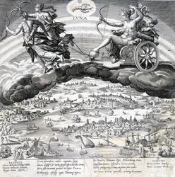 Luna: allegorie van de Maan (Diana) en de Schorpioen die onder haar invloed staat (teken van de Dierenriem) - gravure door Maaerten de Vos (Martin de Vos, Marten de Vos) (1532-1603), n.d.