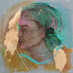 Lost In Thought 6, 2020 (acryl, pastel en bladgoud op papier)
