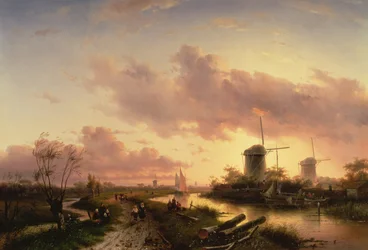 Een riviermonding met figuren die een boot repareren