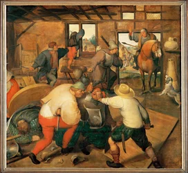 Knokpartij in een kroeg (schilderij op eikenhout)