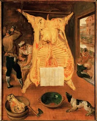 Ossen bij de slager (schilderij op eikenhout)