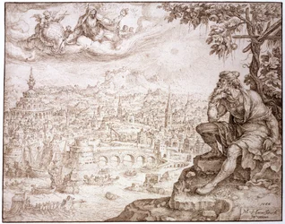 Jona, zittend onder de kalebas, overpeinst de stad Nineve, 1566