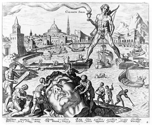 De Kolossus van Rhodos, plaat 4 uit De acht wereldwonderen, gegraveerd door Philips Galle, 1572