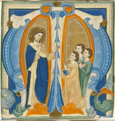 Christus zegent drie jonge mannen, initiaal M van een graduale