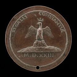 Gekroonde adelaar op een heuvel te midden van water [achterzijde], 1523