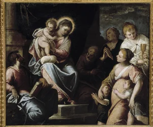 De Maagd heeft het Kind omringd door theologische deugden Allegorie van Geloof, Hoop en Liefde