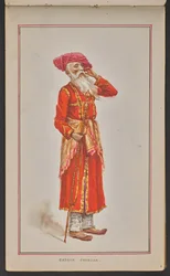 Oudere hofbeambte van de Kolhapur durbar, gekleed in een rode jas en roze tulband (aquarel op papier)