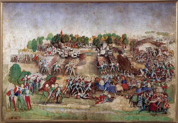 Italiaanse Oorlogen: De Slag bij Marignano op 14/09/1515, tekening in de pen van de Meester De La Ratiere (16e eeuw)