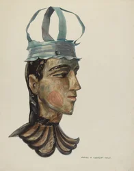 Hoofd van gesneden figuur met tinnen kroon, 1935-1942