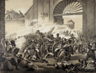 Spanje. Onafhankelijkheidsoorlog (1808). Tweede mei in Madrid. Dood van Luis Daoiz die het Monteleon Park verdedigt. Gravure naar een schilderij van Manuel Castellano.
