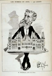 Cartoon door M. Poubelle, prefect van de Seine, die het stadhuis van Parijs op een plateau draagt - Tekening door Luque, in 