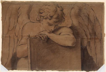 Cartoon Fragment voor Adolescent Engel Leunend op een Tablet of Gesloten Boek