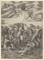 Galatea in een waterwagen getrokken door twee dolfijnen
