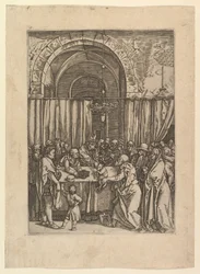 Hogepriester weigert offerlam van Joachim, naar Dürer, ca. 1500-1534