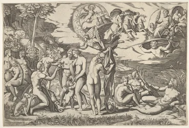 Oordeel van Paris: Paris strekt zijn hand uit naar Venus, die tussen Juno en