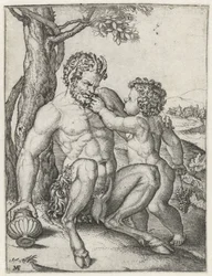 Pan met drinkbeker en Bacchus als kind met druiventros