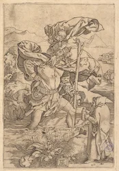 Sint Christoffel steekt de rivier over met Christus in de vorm van een putto op zijn schouder, ca. 1500-1534
