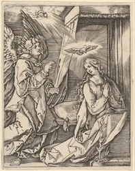 De annunciatie, links nadert de aartsengel Gabriël de biddende Maagd..., ca. 1500-1534
