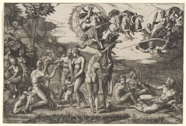 Het Oordeel van Parijs: hij zit links met Venus, Juno en Pallas Athena, een gevleugelde overwinning erboven, ca. 1510-20 (gravure)