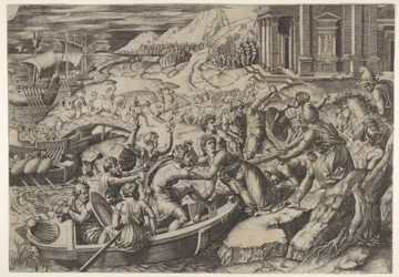 De ontvoering van Helena, gevechtsscène aan een kust met twee mannen die Helena in een boot trekken, ca. 1520-27