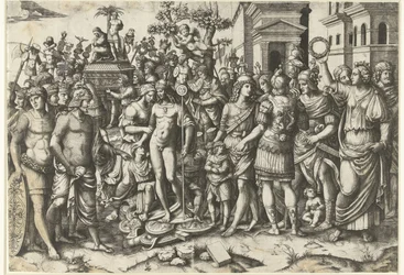 Triomftocht van Romeinse keizer met soldaten en buitgemaakte wapenrustingen