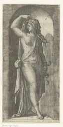 Vrouw als personificatie van Voorzichtigheid (Prudentia) met slang en masker