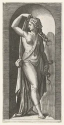 Vrouw als personificatie van Voorzichtigheid (Prudentia) met slang en masker, Zeven Deugden (serietitel)