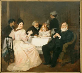 Francisque Sarcey, literair criticus, ten huize van de dochter van Adolphe Brisson ... (schilderij op doek)
