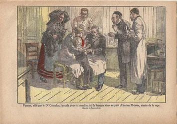 Pasteur, bijgestaan door Dr. Grancher, inoculeerde voor het eerst het beroemde virus bij de kleine Elzasser meester, besmet met hondsdolheid., Le Pèlerin, 5/11/1922